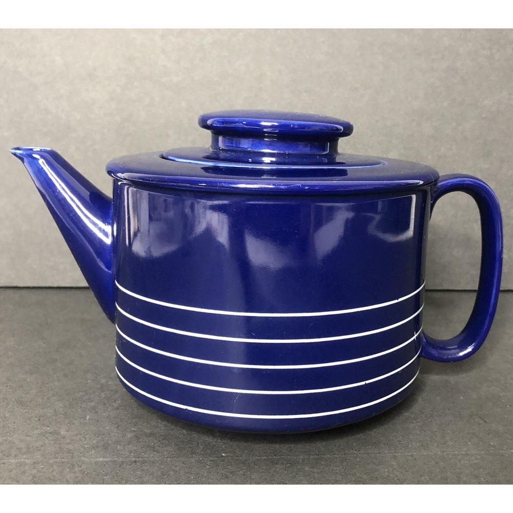 Sam Lebowitz Design COPCO Cobalt Blue Teapot with Lid 1982 Korea Striped Ceramic